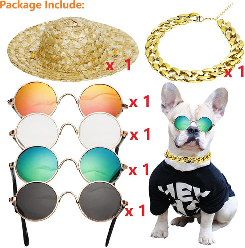 6PCS Pet Dog Cat Costume - Retro Sunglasses, Adjustable Gold Chain Collar & Straw Hat, Funny Accessories for Birthday