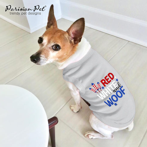 Parisian Pet Dog T-Shirt - Embroidered Red White and Woof 100% Cotton, Breathable Grey Sleeveless Pet Vest for Large