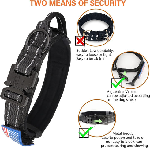 KCUCOP Tactical Dog Collar with Handle, Adjustable Military Collar with Metal Buckle and Patches for Large Dogs