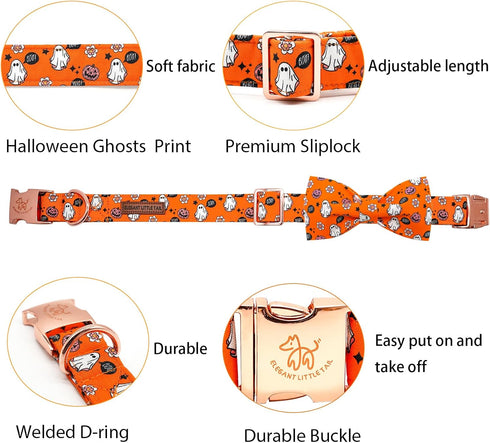 Elegant little tail Halloween Dog Collar, Fall Orange Pumpkin Adjustable Bow Collar for Small Dogs