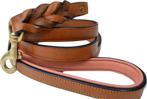 Leather Braided Dog Leash, Tan and Coral, 6 Feet x 3/4 Inch Wide, Genuine Leather