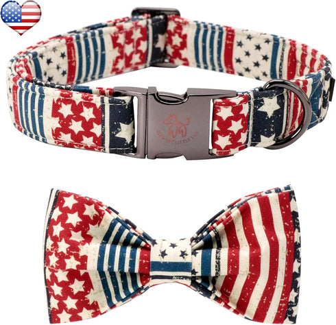 Elegant Little Tail Independence Day Dog Collar, July 4th American Flag Bowtie Collar for Small Dogs, Holiday Pet Gift