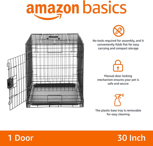 Amazon Basics Durable Foldable Metal Wire Dog Crate with Tray, Single Door, Easy Assembly, 30 x 19 x 21 Inches