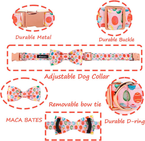 Maca Bates Easter Egg Dog Collar, Cute Adjustable Bow Tie Designer Collars for Small Medium Large Puppies with Metal