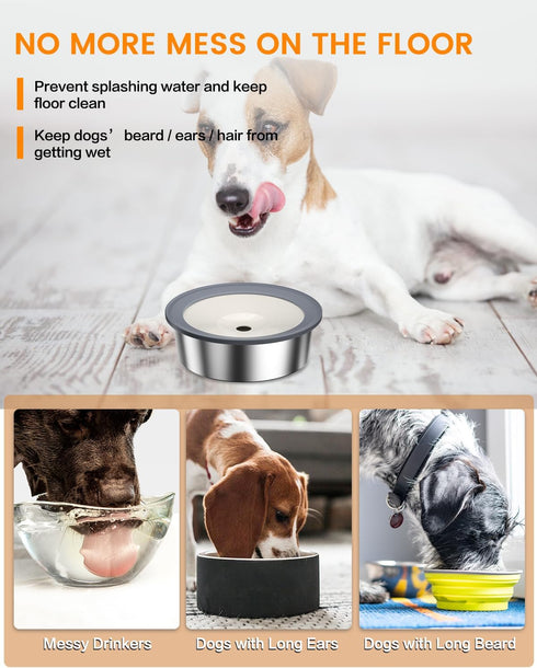 No Spill Dog Water Bowl, 1.5L Stainless Steel Slow Drinking Dish, Splash Proof for Dogs and Cats