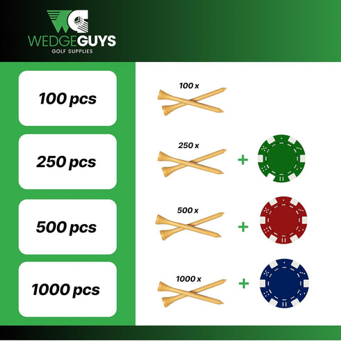 Wedge Guys Bamboo Golf Tees 1-1/2, 2-3/4 & 3-1/4" (100, 250, 500 or 1000 pcs, Free Ball Marker, Stronger Than Wood