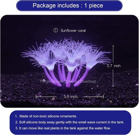 Soft Silica Gel Aquarium Decorations, Glow in The Dark Coral Ornaments for Fish Tank (Purple, Sunflower)