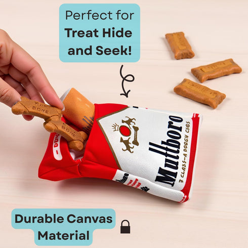Nestpark Muttboro Doggy Cigs Funny Dog Toys - Parody Plush Squeaky Crinkle Interactive Dog Toy - Hide and Seek Treat