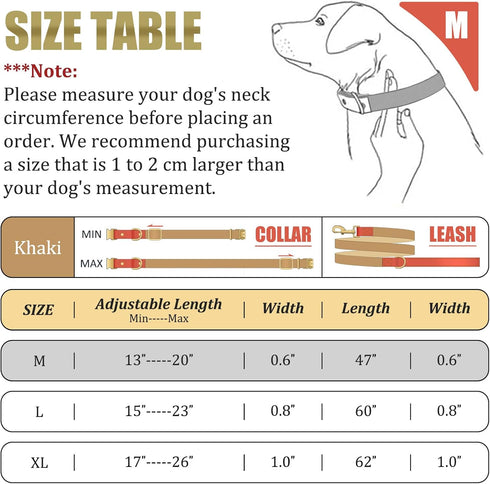 QRDA Dog Collar and Leash Set - Khaki Adjustable Durable Nylon Collars with Tactical Leash for Small/Medium Dogs