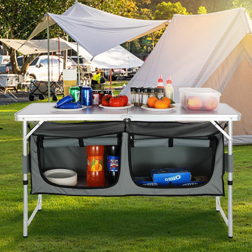 VEVOR Camping Kitchen Station - 3 Adjustable Height Folding Outdoor Cooking Table with Storage Organizer for BBQ and