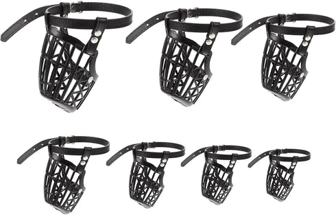 7Pcs Plastic Dog Muzzle Set with Adjustable PU Leather Strap, Fashion Mouth Cover for Pet Dog Safety, Black