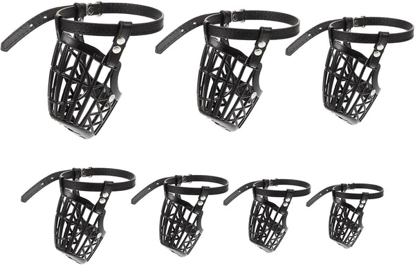 7Pcs Plastic Dog Muzzle Set with Adjustable PU Leather Strap, Fashion Mouth Cover for Pet Dog Safety, Black