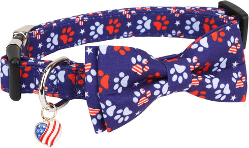 ADOGGYGO American Flag Dog Collar with Bowtie, 4th of July Adjustable Patriotic Collars for Small Medium Large Dogs