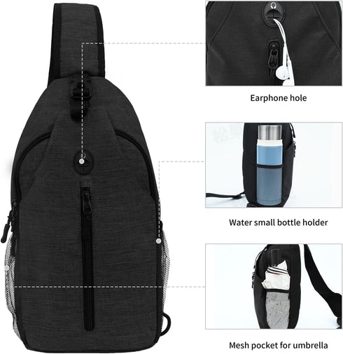 Sling-Bag Crossbody-Bag for Women and Men, Portable Hiking Daypack with Water Bottle Pocket (Black)