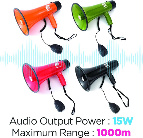 15W 200-sec 1093Yards Bullhorn Megaphone with Siren & Volume Control/Recorder - Waterproof Reliable and Consistent