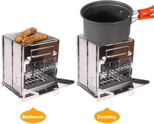Portable Folding Camping Wood Stove for Outdoor Cooking, Lightweight Stainless Steel with Grill
