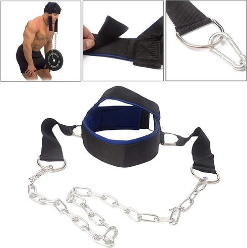 Fitness Neck Head Harness for Neck Training Weight Lifting with Adjustable Steel Chain and Strap