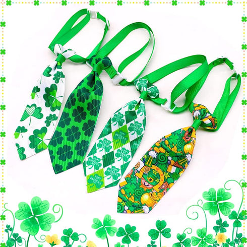 32pcs St. Patrick's Day Dog Collar Bows Ties, Adjustable Holiday Green Basic Dog Collars, Bulk Clover Lucky Pattern
