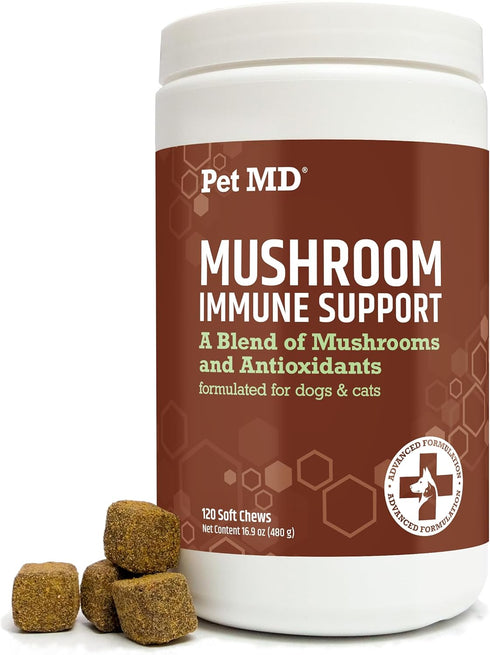 Pet MD Mushroom Immune Support - Turkey Tail Mushroom for Dogs & Cats with Milk Thistle and CoQ10 - 120 Chews