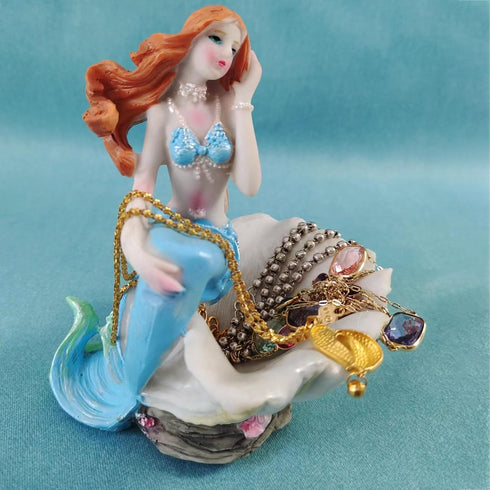 Mermaid Figurines Shell Aquarium Ornament, Resin Mediterranean Style Jewelry Storage Organizer for Girls