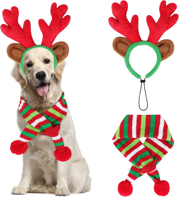 BWOGUE Dog Christmas Reindeer Elk Antlers Headband - Red-White-Green Striped Scarf Set for Dogs and Cats
