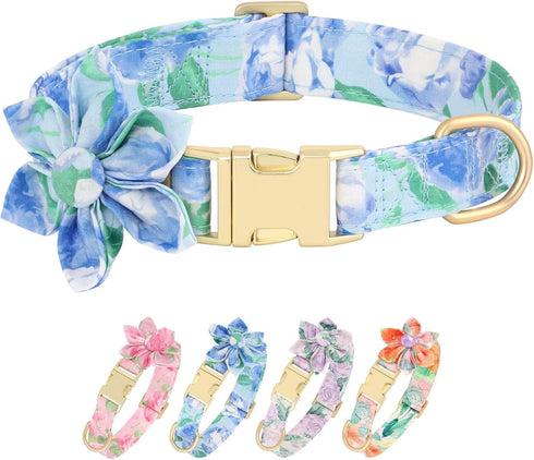 Beirui Cute Girl Dog Collars - Floral Dog Collar with Spring Flower Patterns, Soft Blue Pet Collars for Small Medium