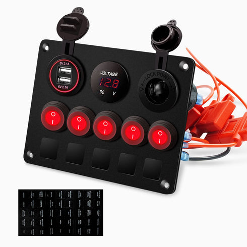 FXC 5 Gang Rocker Switch Panel with Dual USB Slot, Cigarette Lighter, Voltmeter for Marine Boat Car RV 12-24V