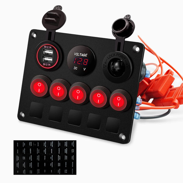 FXC 5 Gang Rocker Switch Panel with Dual USB Slot, Cigarette Lighter, Voltmeter for Marine Boat Car RV 12-24V