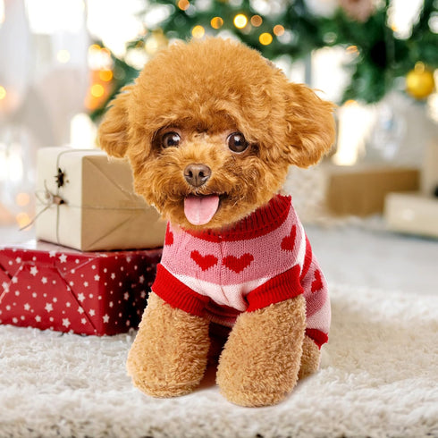Dog Heart Knitted Sweater - Warm Pet Clothes for Small Puppies & Cats (Red, M)