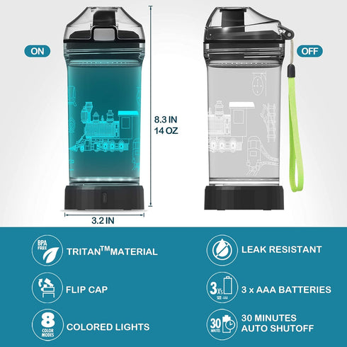 3D 14 OZ YuanDian Light Up Kids Water Bottle with Train Design- Tritan BPA Free - Cool Drinking Cups Gift for School