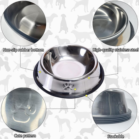 Fhiny 4PCS Stainless Steel Cat Bowls, Non-Slip Cats Water Dish with Rubber Base Stackable Pet Feeding Bowl Durable Multifunctional Replacement Whisker Fatigue Relief Plate for Kitten Puppy Small Dog