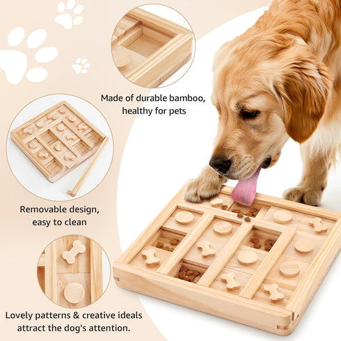 LOOBANI Wooden Dog Puzzle Toys - Interactive Slow Feeder IQ Training Toys for Small to Large Dogs, Dog Bone Pattern