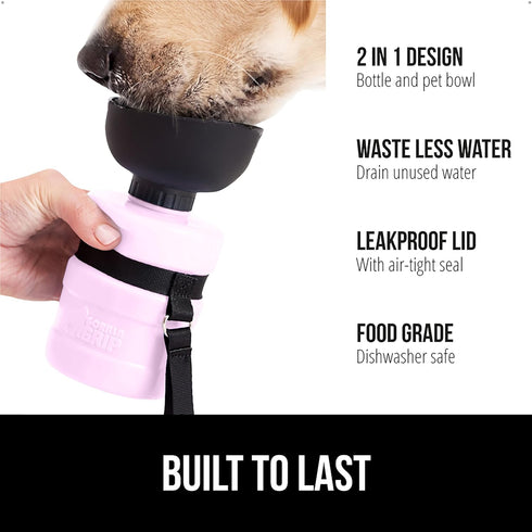 GORILLA GRIP Dog Water Bottle, 12 oz Portable Leak Proof Dispenser for Dogs, Pink Silicone Travel Bowl for Hiking