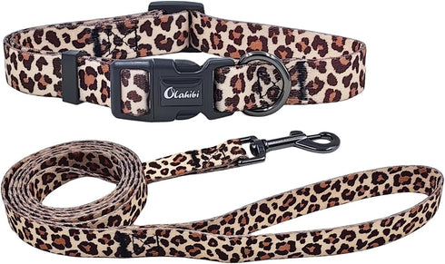 Dog Collar Leash Set, Adjustable Leopard Pattern for Puppy Dogs, Polyester Material (XS, Light Coffee Leopard)