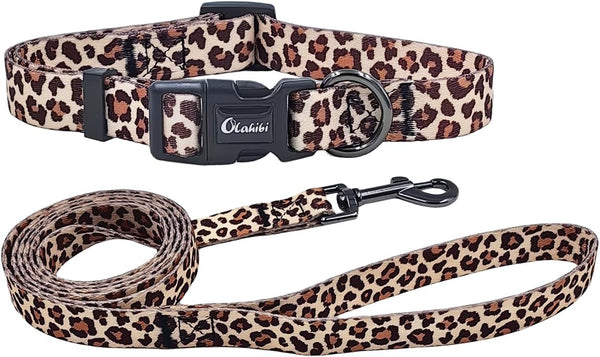 Dog Collar Leash Set, Adjustable Leopard Pattern for Puppy Dogs, Polyester Material (XS, Light Coffee Leopard)