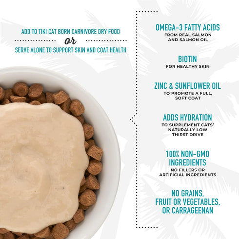 Tiki Cat Born Carnivore Skin & Coat, Salmon Recipe in Broth, Omega-3 and Biotin, Mousse Cat Food Topper, 1.5 oz. Pouch