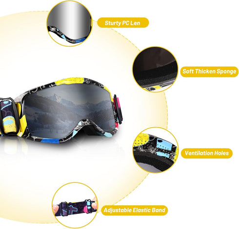 Kids Ski Goggles, Snowboard Goggles for Youth Boys Girls, OTG Anti-fog Goggles with Non-Slip Strap