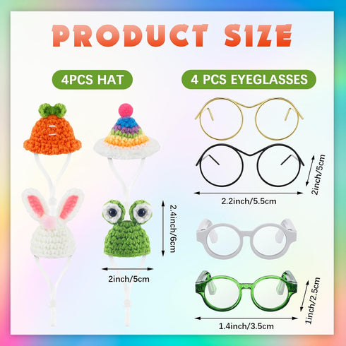 8 Pcs Hamster Hat Pet Costume Glasses, Includes 4 Knitted Hats and 4 Pairs of Glasses for Small Animals