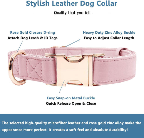Soft Leather Dog Collar and Leash Set (6.6') - Stylish Rose Gold Heavy Duty Metal Buckle, 4 Adjustable Lengths for