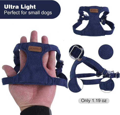 Dog Harness and Leash Set, XS No Pull Adjustable Puppy Harness with Denim Blue Leash and Collar for Small Dogs