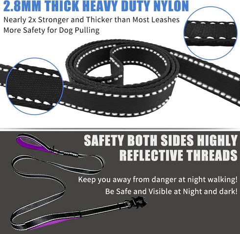 Strong Heavy Duty Dog Leash - 5ft Reflective Nylon with Soft Padded Double Handle for Large Medium Small Dogs