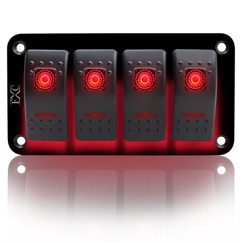 FXC Rocker Switch Aluminum Panel, 4 Gang Toggle Switches Dash, 5 Pin ON/OFF, 2 LED Backlit for Boat Car Marine Red