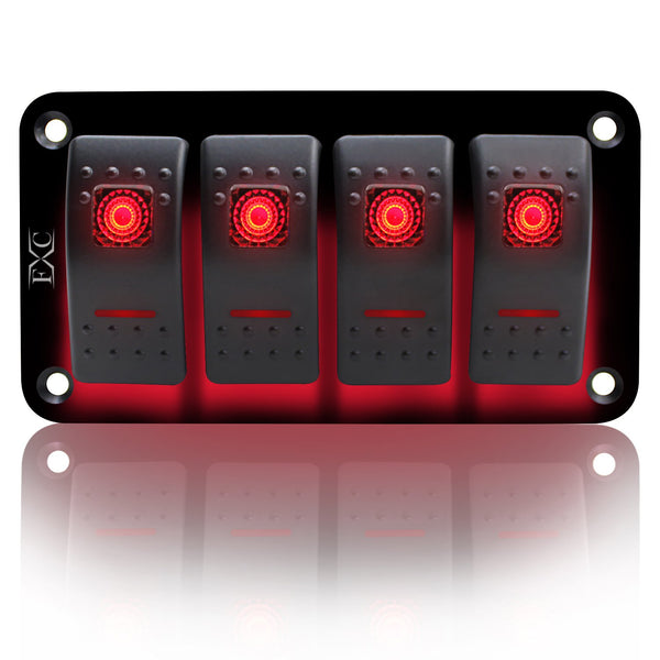 FXC Rocker Switch Aluminum Panel, 4 Gang Toggle Switches Dash, 5 Pin ON/OFF, 2 LED Backlit for Boat Car Marine Red