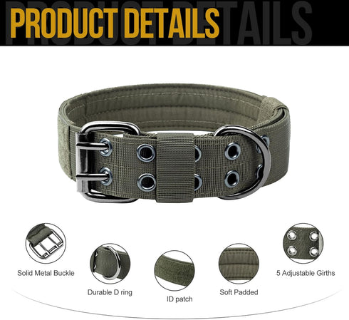 OneTigris Military Dog Collar with Metal D Ring & Buckle, Adjustable, 2 Sizes (Ranger Green, L)