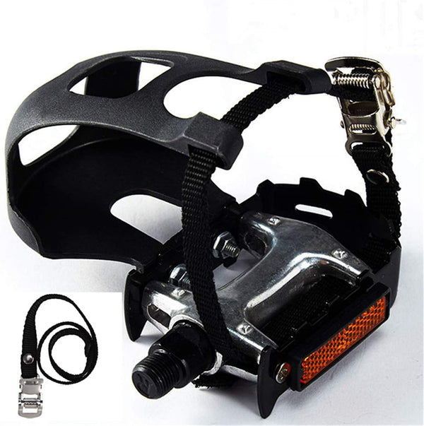 YBEKI Bike Pedals with Toe Clip and Straps - 9/16-Inch Spindle Resin/Alloy Pedals for Exercise and Outdoor Bicycles