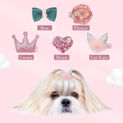 WWW Small Dog Hair Clips, 5 Pcs Cat Dog Hair Bows, Cute Bow Flower Crown Hairpin, Pink, Puppy Party Grooming Accessories