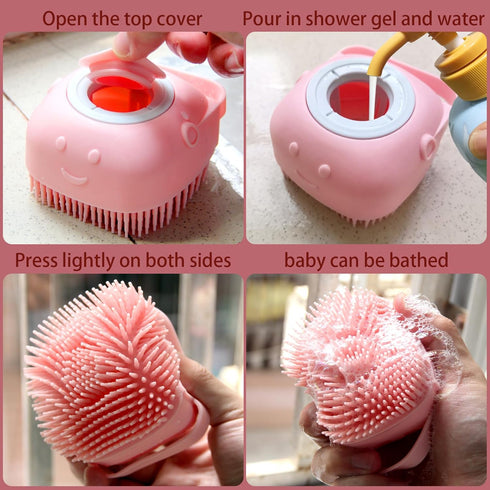 Pet Bath Brush, Soft Silicone Dog Bathing Brush with Shampoo Dispenser for Cats and Dogs (Pink)