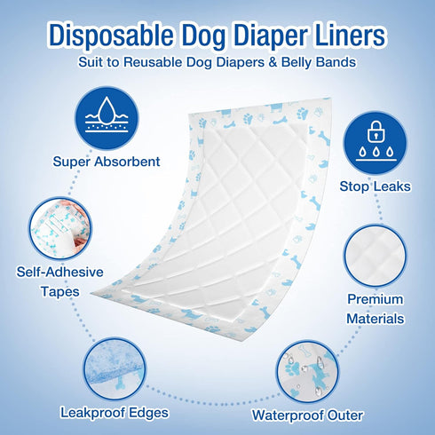 Pet Soft Disposable Dog Diaper Liners Booster Pads - Fit for Most Washable Dog Diapers & Dog Belly Bands Wraps, Ultra Absorbent for Marking, Incontinence, Female in Heat (Blue,XL-50)