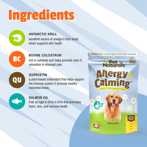 Pet Naturals Allergy Plus Calming Supplement for Dogs - Soft Chew Duck Flavor, 60 Ct.