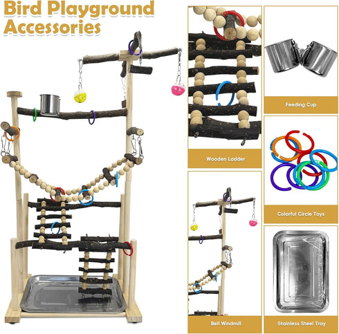 4 2 kathson Large Bird Playground - Natural Wood Perch Gym Layers Parrot Playstand Activity Center with Perches Ladder